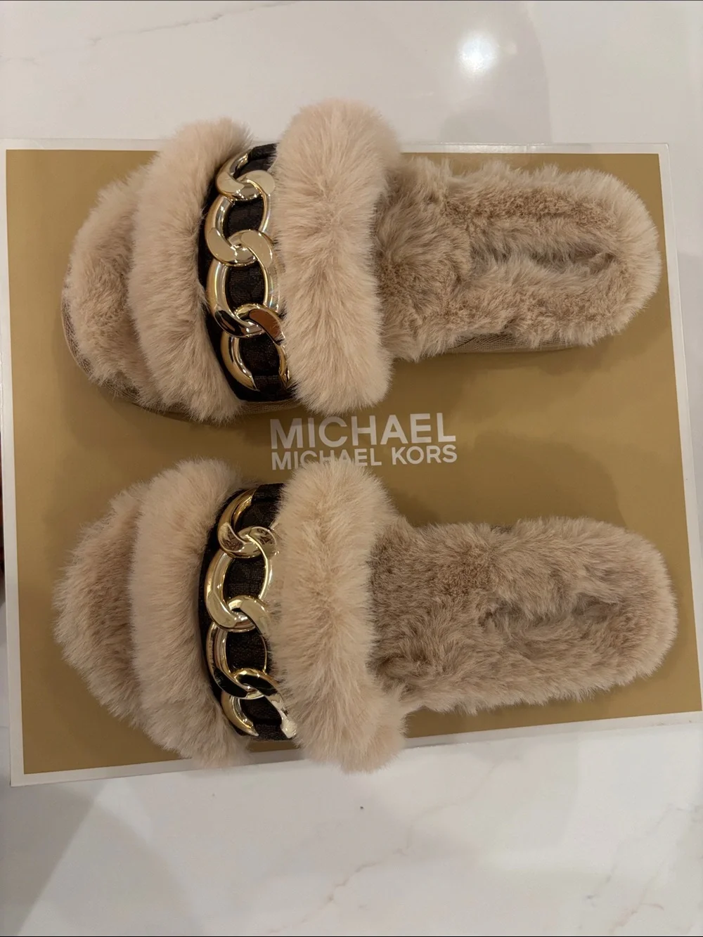 Michael Kors Tan Faux Fur Slide Sandals with Gold Chain Accent